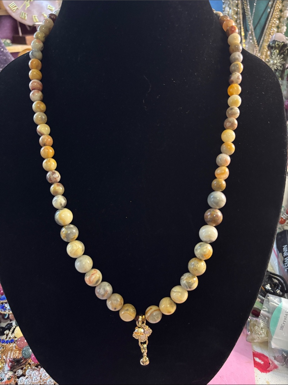 Crazy Lace Agate Necklace with Gold and Rhinestones Accent